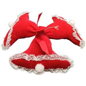 Vintage Red Velvet Christmas Bell Door Hanger with Lace & Pom-Poms
